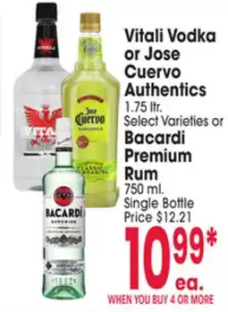 Jewel-Osco Vitali Vodka or Jose Cuervo Authentics 1.75 ltr. Select Varieties or Bacardi Premium Rum 750ml offer