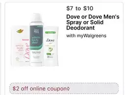 Walgreens Dove or Dove Men's Spray or Solid Deodorant offer