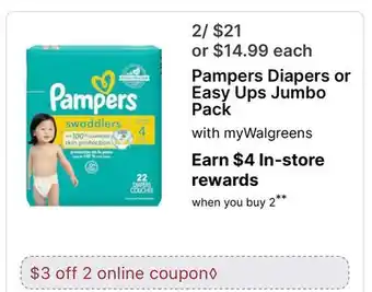 Walgreens Pampers Diapers or Easy Ups Jumbo Pack offer