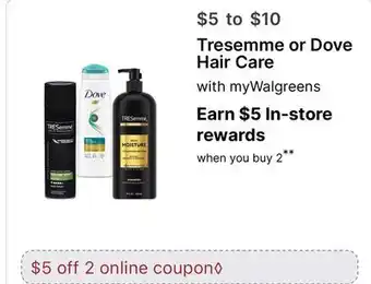 Walgreens Tresemme or Dove Hair Care offer
