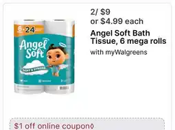 Walgreens Angel Soft Bath Tissue, 6 mega rolls offer