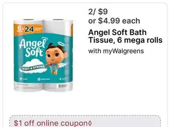 Walgreens Angel Soft Bath Tissue, 6 mega rolls offer