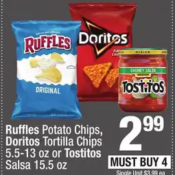 Super King Markets Ruffles Potato Chips, Doritos Tortilla Chips 5.5-13 oz or Tostitos Salsa 15.5 oz offer