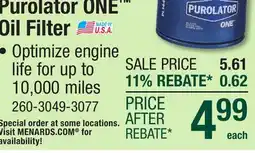 Menards Purolator ONE Oil Filter offer