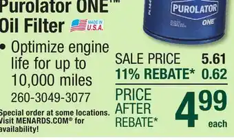 Menards Purolator ONE Oil Filter offer