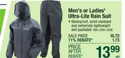 Menards Men's or Ladies' Ultra-Lite Rain Suit offer