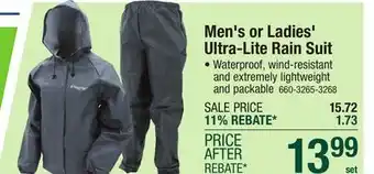 Menards Men's or Ladies' Ultra-Lite Rain Suit offer