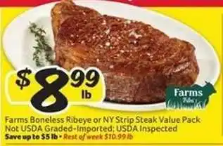 Winn Dixie Farms Boneless Ribeye or NY Strip Steak Value Pack offer