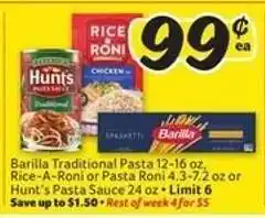 Winn Dixie Barilla Traditional Pasta, Rice-A-Roni or Pasta Roni, Hunt's Pasta Sauce offer