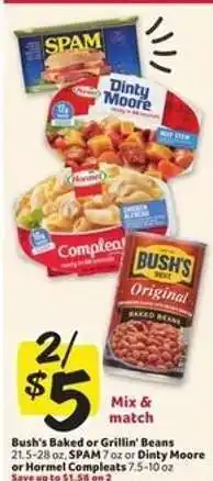 Winn Dixie Bush's Baked or Grillin' Beans, SPAM, Dinty Moore or Hormel Compleats offer