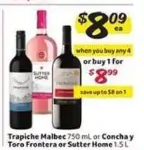 Winn Dixie Trapiche Malbec 750 mL or Concha y Toro Frontera or Sutter Home 1.5 L offer