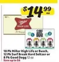 Winn Dixie 18 Pk Miller High Life or Busch, 12 Pk Surf Break Hard Seltzer or 8 Pk Good Dogg offer