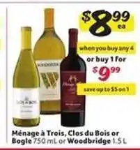 Winn Dixie Ménage à Trois, Clos du Bois or Bogle 750 mL or Woodbridge 1.5 L offer