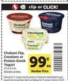 Safeway Chobani Flip, Creations or Protein Greek Yogurt offer