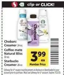Safeway Chobani Creamer, Coffee mate Natural Bliss, Starbucks Creamer offer