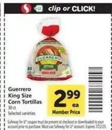 Safeway Guerrero King Size Corn Tortillas offer