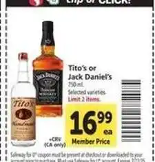 Safeway Tito's or Jack Daniel's offer