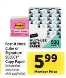 Safeway Post-It Note Cube or Signature SELECT Copy Paper offer