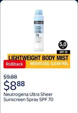 Walmart Neutrogena Ultra Sheer Sunscreen Spray, Lightweight, SPF 70 offer
