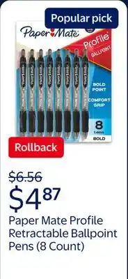 Walmart Paper Mate Profile Retractable Ballpoint Pens, 1.4 mm Bold Point, Black, 8 Count offer