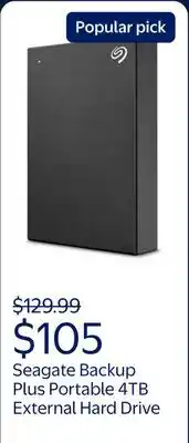 Walmart Seagate Backup Plus Portable 4TB External USB 3.0 Hard Drive - Black offer