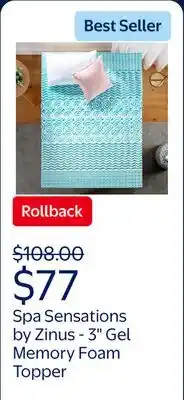Walmart Spa Sensations by Zinus 3 Green Tea Gel Memory Foam Zoned Support Mattress Topper, King offer