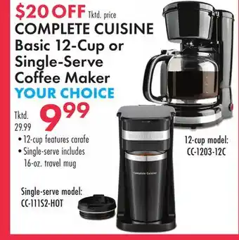 Boscov's COMPLETE CUISINE Basic 12-Cup or Single-Serve Coffee Maker offer