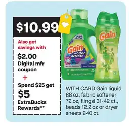 CVS Gain liquid 88 oz, fabric softener 72 oz, flings! 31-42 ct., beads 12.2 oz or dryer sheets 240 ct offer