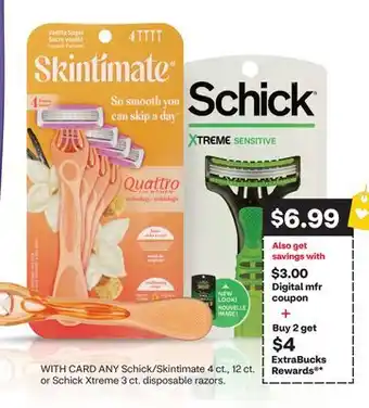 CVS ANY Schick/Skintimate 4 ct., 12 ct. or Schick Xtreme 3 ct. disposable razors offer