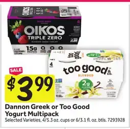 Stop&Shop Dannon Greek or Too Good Yogurt Multipack offer