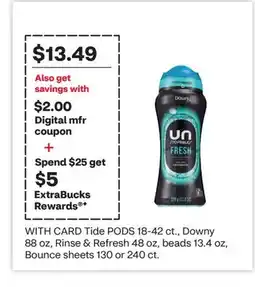 CVS Tide PODS 18-42 ct., Downy 88 oz, Rinse & Refresh 48 oz, beads 13.4 oz, Bounce sheets 130 or 240 ct offer