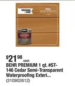 The Home Depot BEHR PREMIUM 1 qt. #ST-146 Cedar Semi-Transparent Waterproofing Exterior Wood Stain and Sealer offer