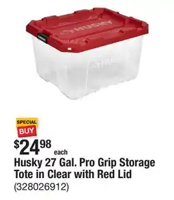 The Home Depot Husky 27 Gal. Pro Grip Storage Tote in Clear with Red Lid offer