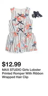 TJ Maxx MAX STUDIO Girls Lobster Printed Romper With Ribbon Wrapped Hair Clip offer