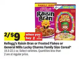 Meijer Kellogg's Raisin Bran or Frosted Flakes or General Mills Lucky Charms Family Size Cereal offer