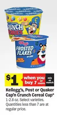 Meijer Kellogg's, Post or Quaker Cap'n Crunch Cereal Cup offer