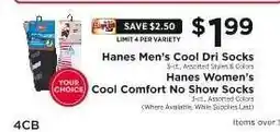 ShopRite Hanes Men's Cool Dri Socks / Hanes Women's Cool Comfort No Show Socks offer