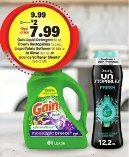 Meijer Gain Liquid Detergent, Downy Unstopables, Liquid Fabric Softener, or Bounce Softener Sheets offer