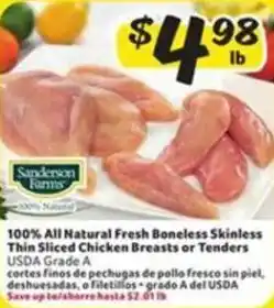 Fresco y Más 100% All Natural Fresh Boneless Skinless Thin Sliced Chicken Breasts or Tenders offer