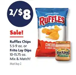 Family Dollar Ruffles Chips 5.5-9 oz. or Frito Lay Dips 10-15.75 oz offer