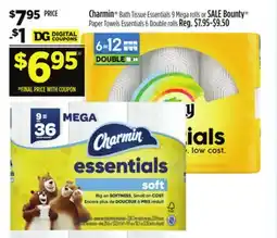 Dollar General Charmin Bath Tissue Essentials 9 Mega rolls or SALE Bounty Paper Towels Essentials 6 Double rolls offer