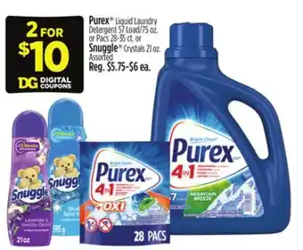 Dollar General Purex Liquid Laundry Detergent or Pacs or Snuggle Crystals offer