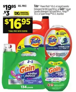 Dollar General Tide Power Pods or Liquid Laundry Detergent or Gain Liquid Laundry Detergent, Flings! offer