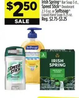 Dollar General Irish Spring Bar Soap 3 ct., Speed Stick Deodorant 2.7-3 oz. or Softsoap Liquid Hand Soap 11.25 oz offer