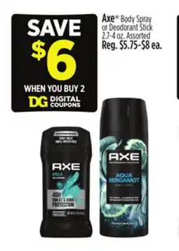 Dollar General Axe Body Spray or Deodorant Stick offer