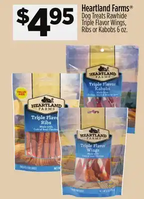 Dollar General Heartland Farms Dog Treats Rawhide Triple Flavor Wings, Ribs or Kabobs offer
