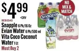 Jons International BEBIDAS Snapple 6 Pk/16 Oz Evian Water, Vita Coco Coconut Water offer