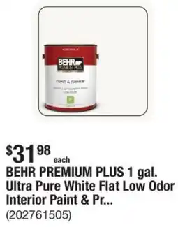 The Home Depot Behr premium plus 1 gal. ultra pure white flat low odor interior pain offer