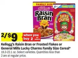 Meijer Kellogg's Raisin Bran or Frosted Flakes or General Mills Lucky Charms Family Size Cereal offer