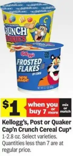 Meijer Kellogg's, Post or Quaker Cap'n Crunch Cereal Cup offer